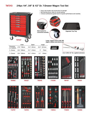 Тележка инструментальная (красная) с набором инструмента 216 пр. в мягких ложементах, 7 ящиков